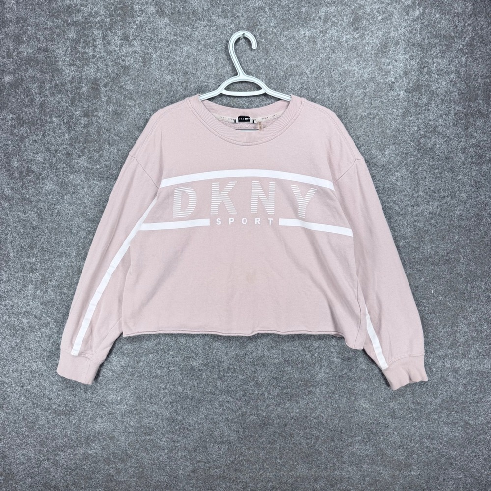 DKNY Sport Size M Cropped Sweatshirt Pink Logo Pullover Crewneck Long Sleeve